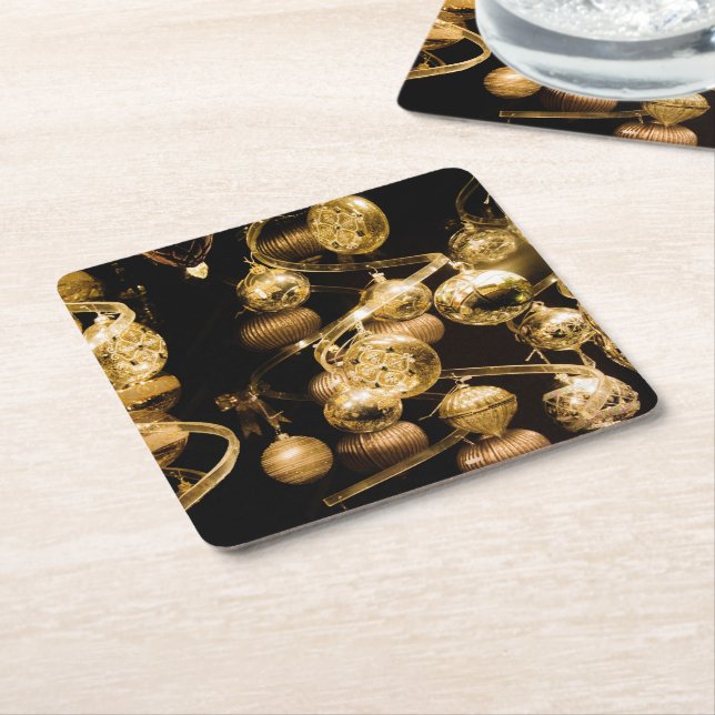 Elegant Gold Baubles and Spiral Pattern Square Paper Coaster (Angled)