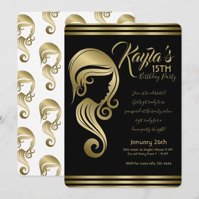 Elegant Gold Beauty Girl Hair & Makeup Salon Party Invitation (Front/Back)