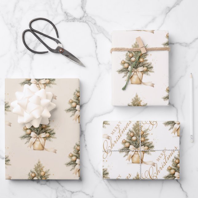Elegant Gold Beige Christmas Tree Calligraphy Wrapping Paper Sheet (Front)
