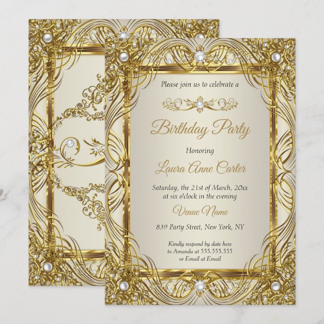 Elegant Gold beige Cream Pearl Damask party Invitation (Front/Back)
