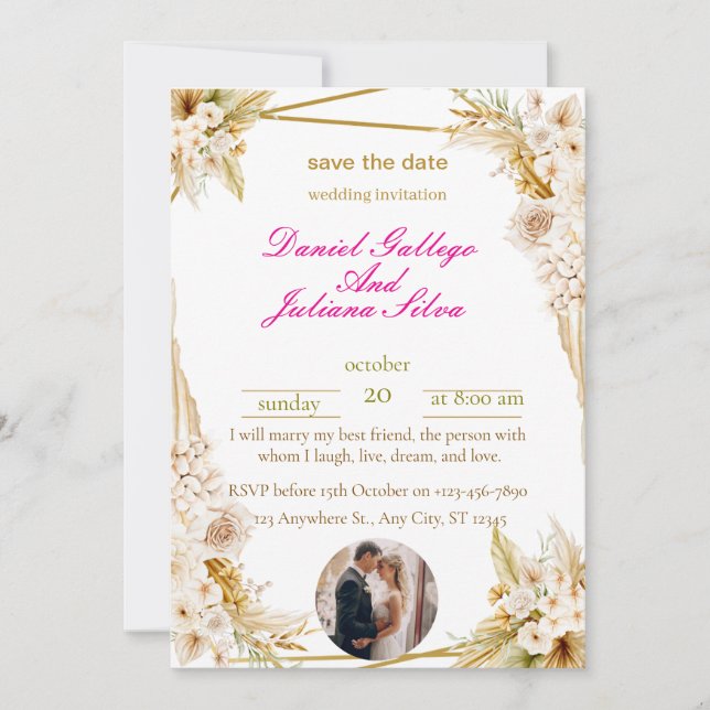 Elegant Gold & Beige Floral Wedding Invitation (Front)