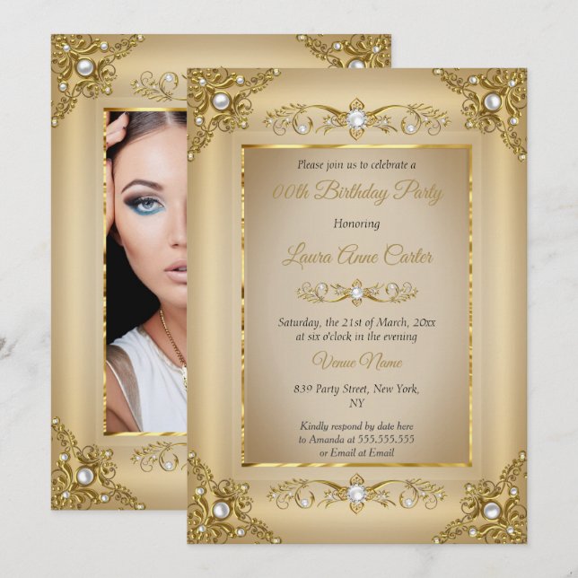 Elegant Gold Beige Pearl Photo Birthday Party Invitation (Front/Back)