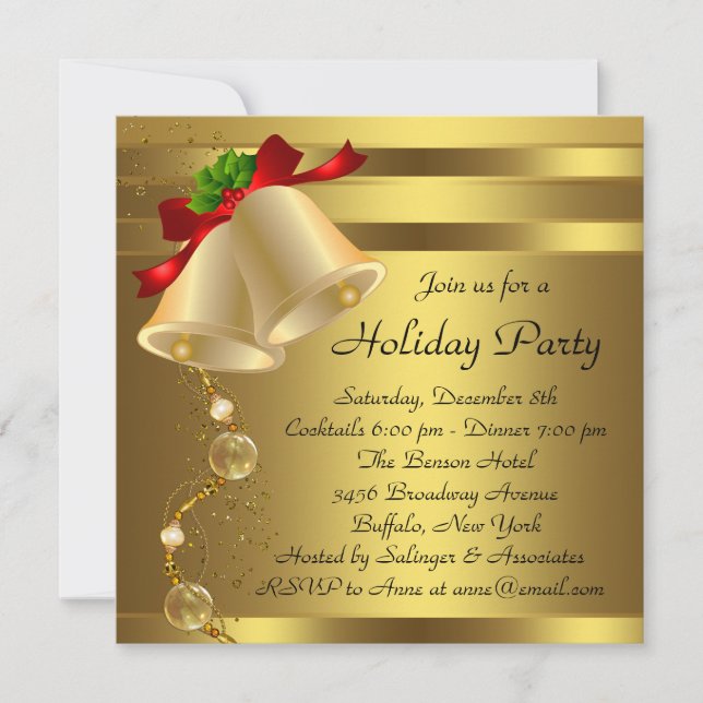 Elegant Gold Bells Gold Christmas Party Invitation (Front)