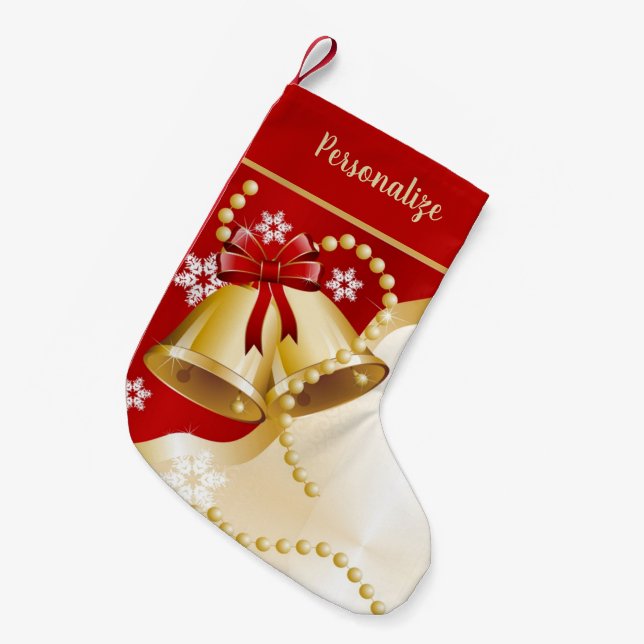 Elegant Gold Bells & Pearls Christmas Holiday Small Christmas Stocking (Front (Hanging))