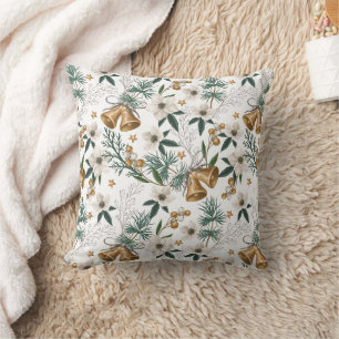 Elegant Gold Bells & White Winter Floral Pattern Cushion