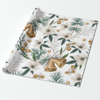 Elegant Gold Bells & White Winter Floral Pattern Wrapping Paper