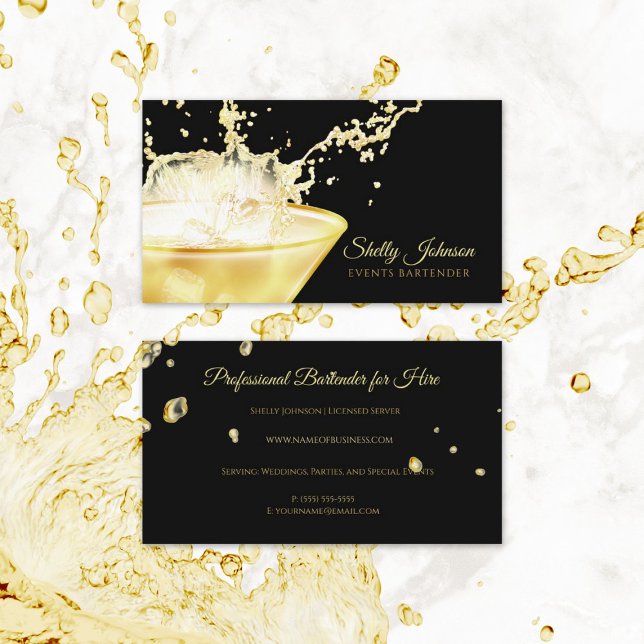 Elegant Gold Beverage Splash Events Bartender Business Card (Elegant Gold Beverage Splash Events Bartender Business Cards)