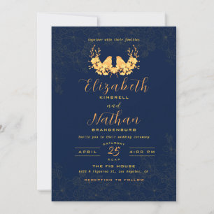 Elegant Gold Birds Floral Navy Blue Wedding Invitation