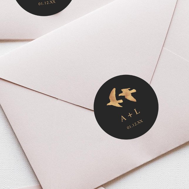 Elegant Gold Birds Wedding Monogram Classic Round Sticker (Creator Uploaded)