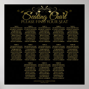 Elegant Gold Black 13 Table Wedding Seating Chart