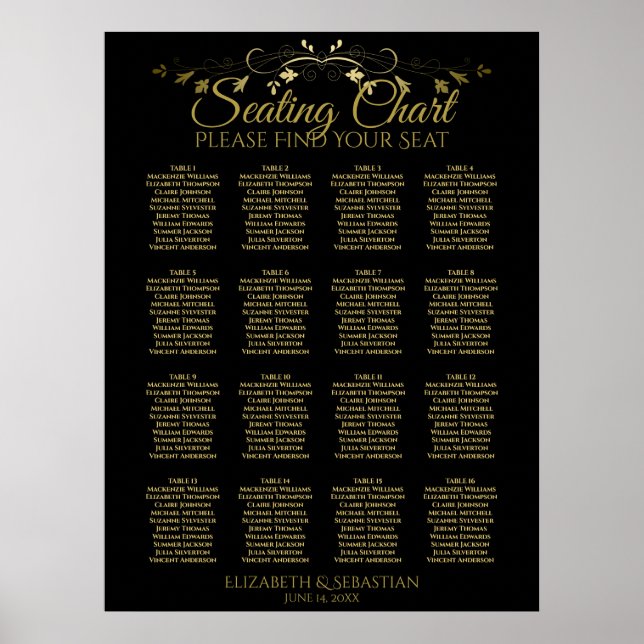 Elegant Gold Black 16 Table Wedding Seating Chart (Front)