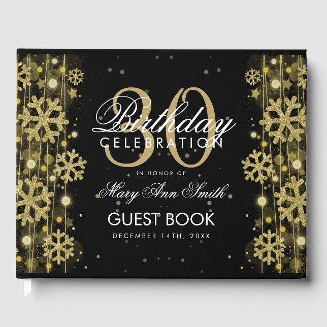 Elegant Gold Black 30th Birthday Winter Glitter Guest Book (Front)