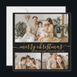 Elegant Gold Black 3 Photo Collage Christmas Holiday Card<br><div class="desc">Elegant Calligraphy Minimalist Gold and Black 3 Photo Collage Merry Christmas Script Holiday Card. This festive, minimal three (3) photo holiday card template features a nice photo collage and says „Merry Christmas”! The „Merry Christmas” greeting text is written in a pretty hand lettered swirly swash-tail font in gold on black...</div>