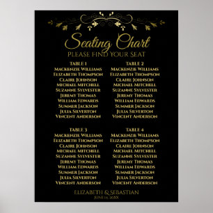 Elegant Gold & Black 4 Table Wedding Seating Chart