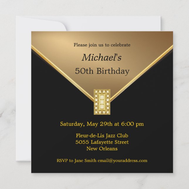 Elegant Gold Black 50th Birthday Party Invitations (Front)