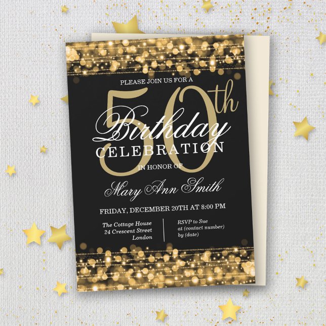 Elegant Gold & Black 50th Birthday Party Sparkles Invitation (Creator Uploaded)