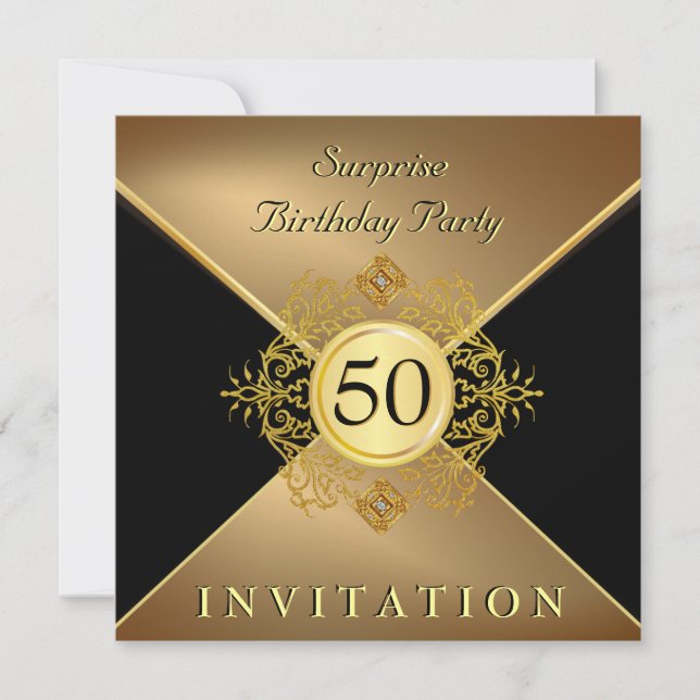 Elegant Gold Black 50th Birthday Surprise Party In Invitation (Front)