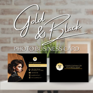 Elegant Gold & Black, Add Own Photo & Custom Logo  Business Card