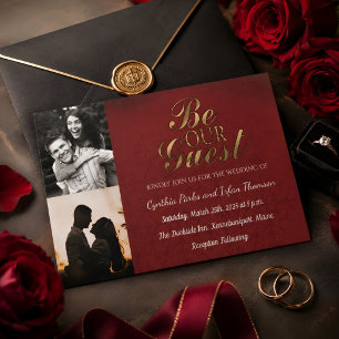 Elegant Gold Black and Red Custom 2 Photos Wedding Invitation