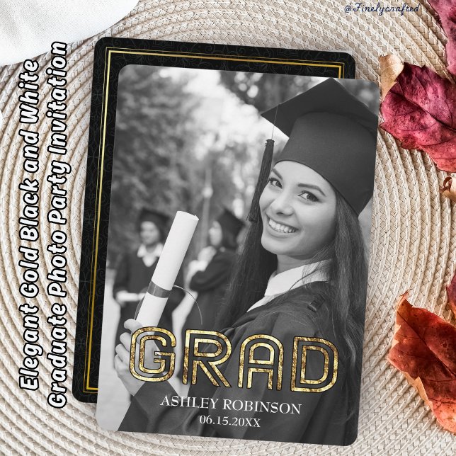 Elegant Gold Black and White Graduate Photo Party Invitation (Creator Uploaded)
