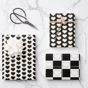 Elegant Gold, Black and White Hearts Pattern Wrapping Paper Sheet