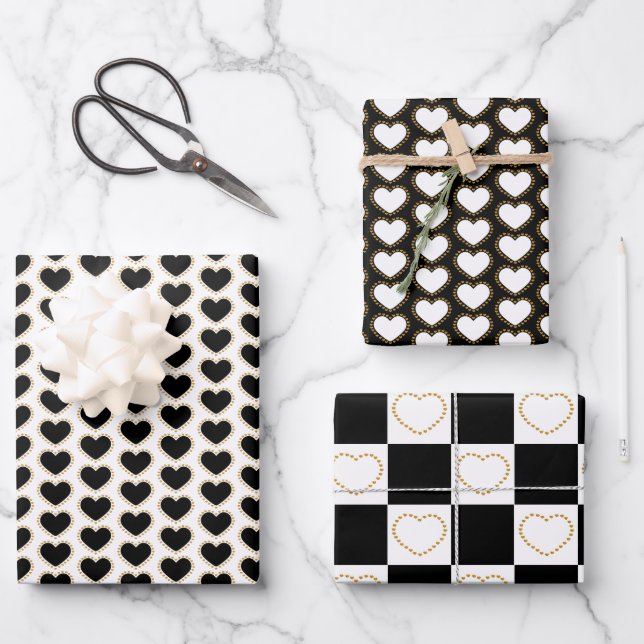 Elegant Gold, Black and White Hearts Pattern Wrapping Paper Sheet (Front)