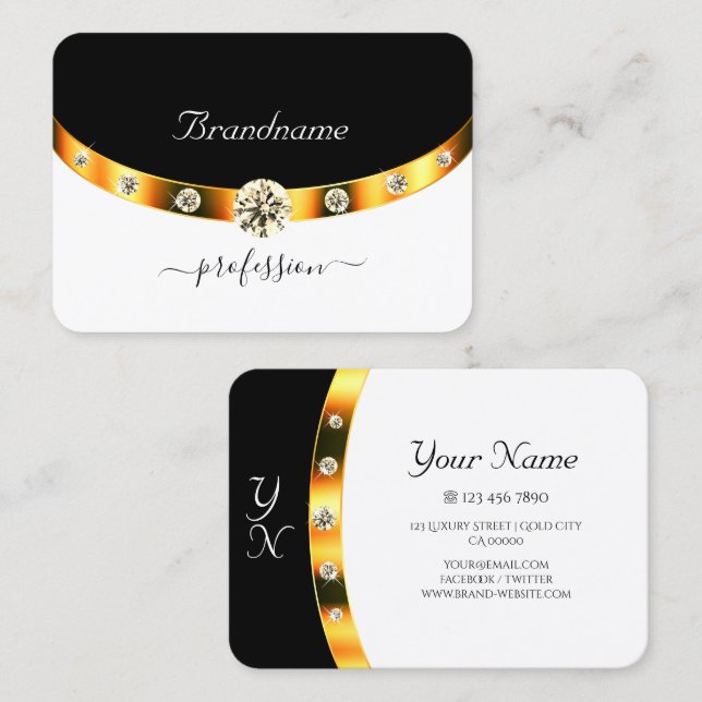 Elegant Gold Black and White Monogram Diamonds Business Card (Front/Back)