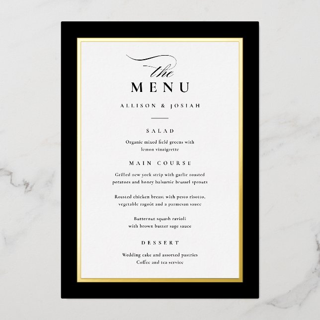 Elegant Gold Black and White Wedding Foil Menus (Front)