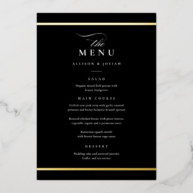 Elegant Gold Black and White Wedding Foil Menus (Front)