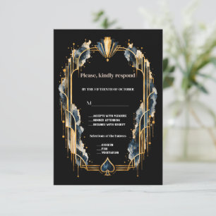 Elegant Gold Black Art Deco Casino Night Wedding RSVP Card