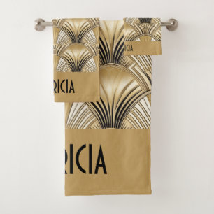 Elegant gold black art deco name bath towel set
