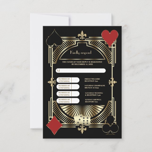 Elegant Gold Black Art Deco Wedding and Itinerary RSVP Card (Front)