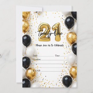 Elegant Gold & Black Balloon 21st Birthday Invite