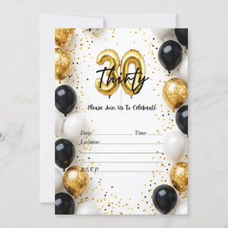Elegant Gold & Black Balloon 30th Birthday Invite