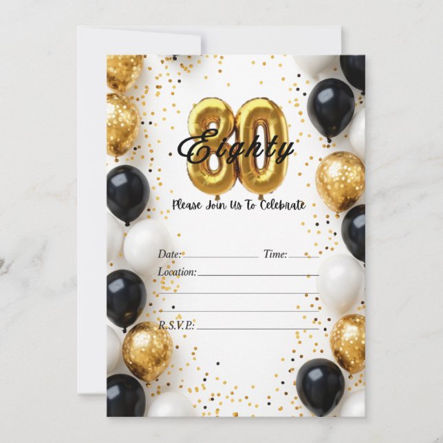 Elegant Gold & Black Balloon 80th Birthday Invite (Front)