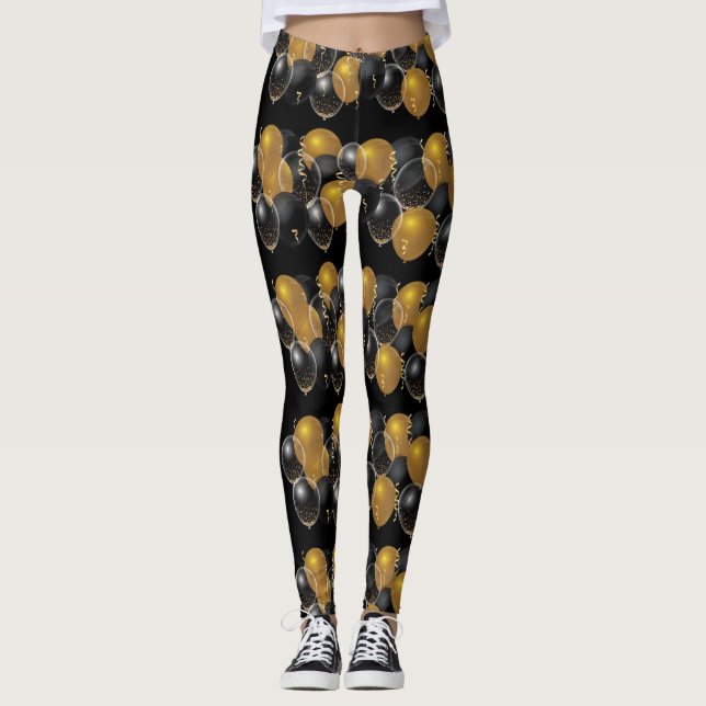 Elegant Gold Black Balloons Confetti Leggings (Front)
