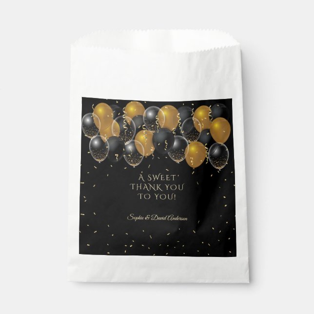 Elegant Gold Black Balloons Confetti Wedding Favour Bags (Front)
