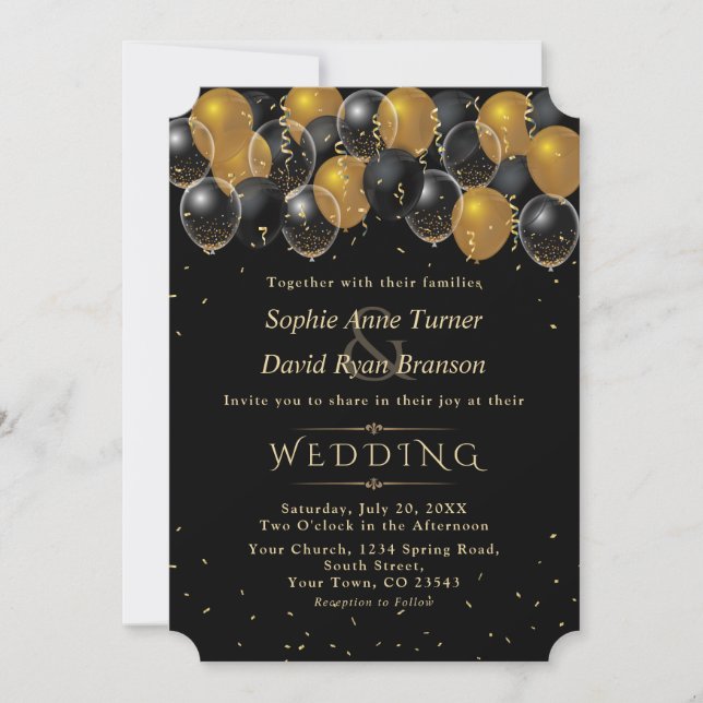 Elegant Gold Black Balloons Confetti Wedding Invitation (Front)