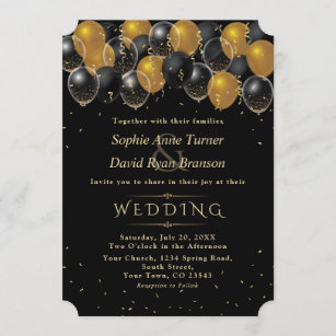Elegant Gold Black Balloons Confetti Wedding Invitation