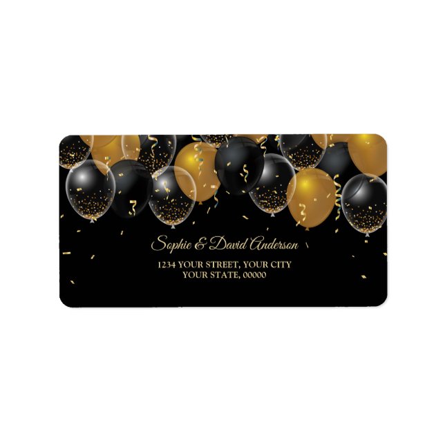 Elegant Gold Black Balloons Confetti Wedding Label (Front)