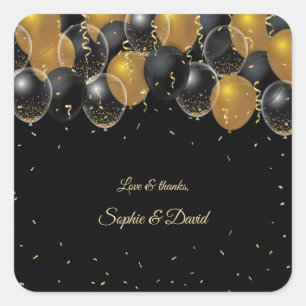 Elegant Gold Black Balloons Confetti Wedding Square Sticker