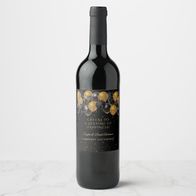 Elegant Gold Black Balloons Confetti Wedding Wine Label (Front)