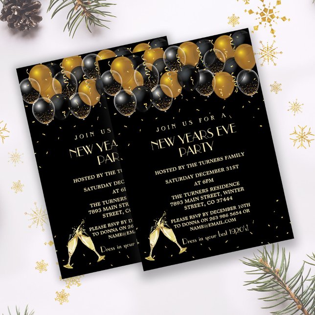 Elegant Gold Black Balloons New Year Party Invitation (trendy gold black New Years eve party invite, gold black balloons new year party invitation)