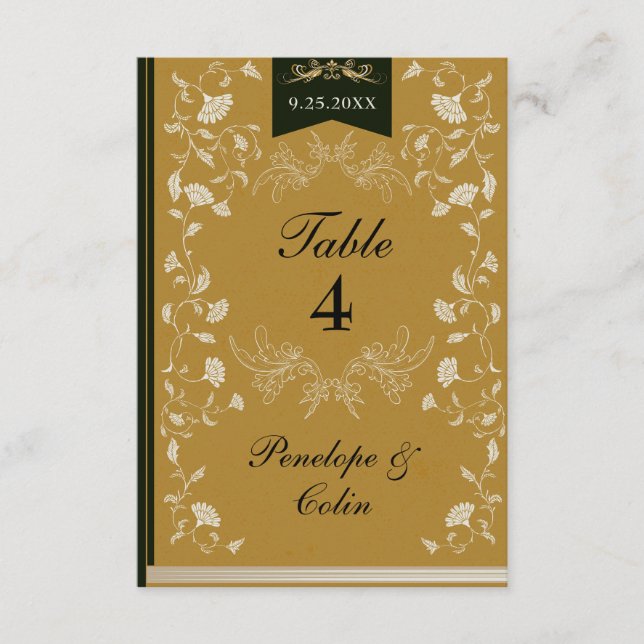 Elegant Gold Black Book Cover Wedding Table Number (Front)