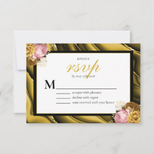 Elegant Gold Black Border Floral Wedding RSVP Card