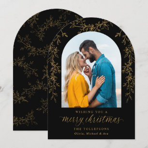 Elegant Gold Black Botanical Arch Photo Christmas Holiday Card