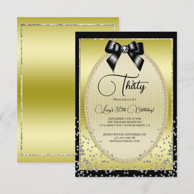 Elegant Gold, Black Bow & Confetti Birthday Invitation (Front/Back)