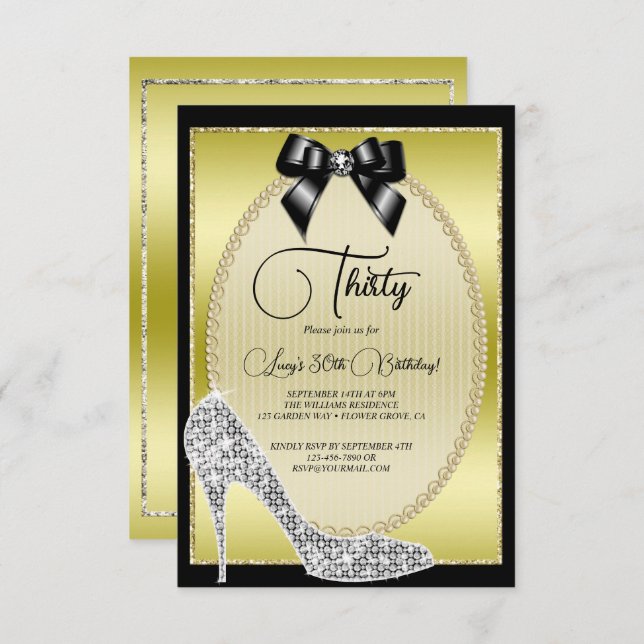 Elegant Gold,  Black Bow & Stiletto Birthday Invitation (Front/Back)