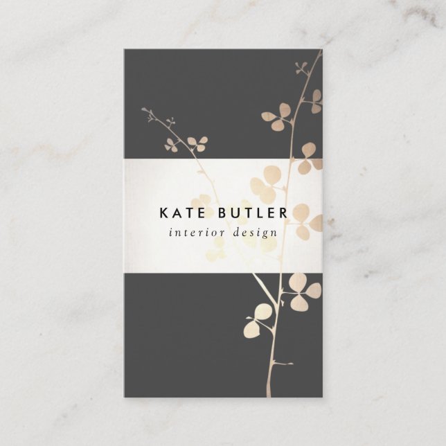 Elegant Gold Black Branch Interior Designer Business Card (Front)
