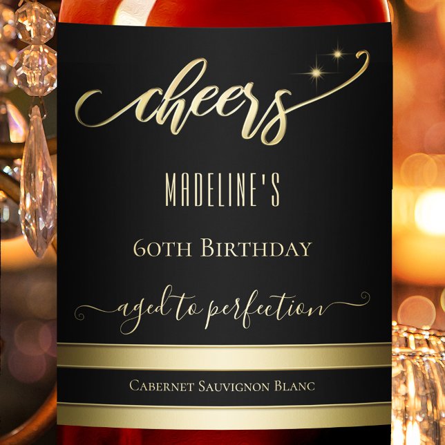 Elegant Gold Black Cheers Birthday Wine Label (Creator Uploaded)